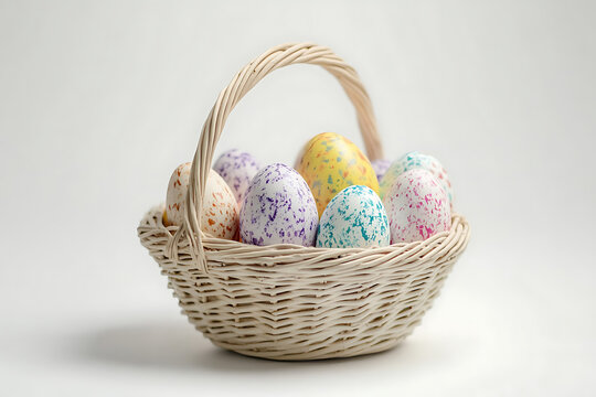 Colorful speckled Easter eggs arranged in a wicker basket on a soft, neutral background