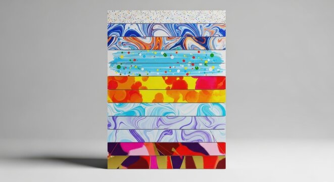 Stack of rectangular blocks with varied abstract patterns and vibrant tones