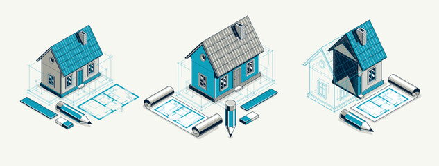 House project concept set, 3D isometric vector illustration of a small house and blueprint building project, construction architectural model, residential family small house.