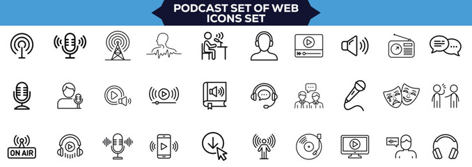 Modern Podcast Web Icons Collection in Thin Linear Style Vector Pictograms Including Microphone, Radio, Webcast, Broadcast, Audio, Channel, Video, Headphones, News, and Other Streaming Elements Edit