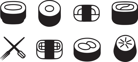 A modern, minimalist icon set uses a stylish mix of black silhouettes and line art to depict various types of sushi and dining accessories. Vector Icon Set