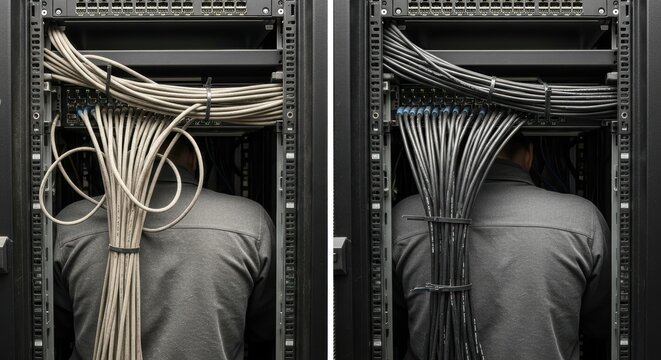 Technician maintaining servers and cables in data center for efficient network management