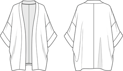 Loose kimono cardigan flat sketch – front and back CAD drawing of oversized open-front jacket with wide sleeves and dropped shoulder © Biplob Creatives