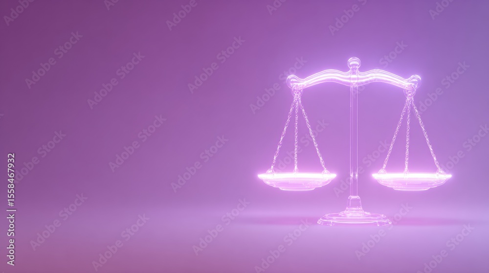 Poster glowing justice scale with purple background representing balance and fairness in the legal system
