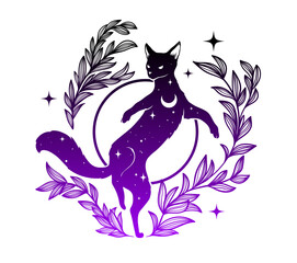 Vector illustration of a magical cat in silhouette style filled with stars, moons, and cosmic textures. Mysterious and dreamy design using deep blue, black, and violet tones.