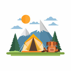 Adventure landscape with tent, hiking boots, backpack, and mountain silhouette at sunrise