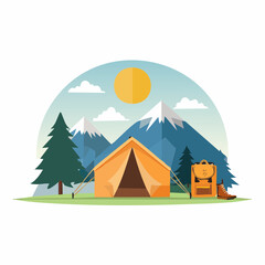 Adventure landscape with tent, hiking boots, backpack, and mountain silhouette at sunrise