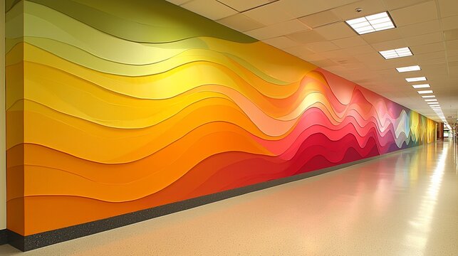 Colorful wavy mural in hallway