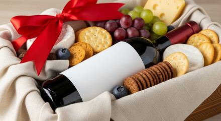 Festive Gift Basket with Wine, Assorted Cheese, Crackers and Red Bow