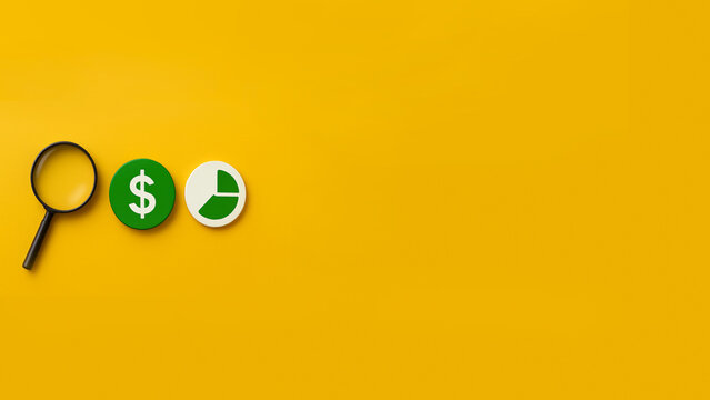 Magnifier icon highlighting a paper document with a bold dollar sign showing money inspection financial statement analysis profit calculation business accounting audit or investment research visuals