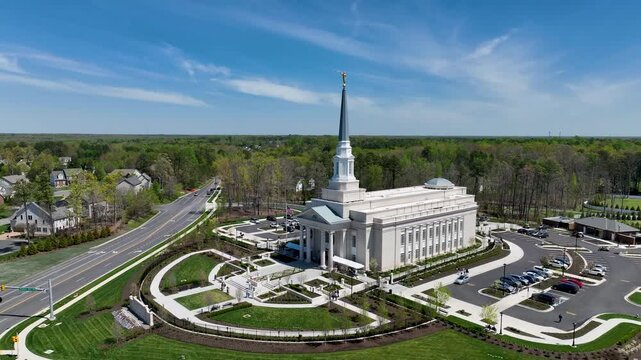 Aerial LDS Temple Richmond Virginia climb 1. The Church of Jesus Christ of Latter-day Saints, LDS, Mormon Church. Christian religion. Spiritual sacred church. Urban neighborhood