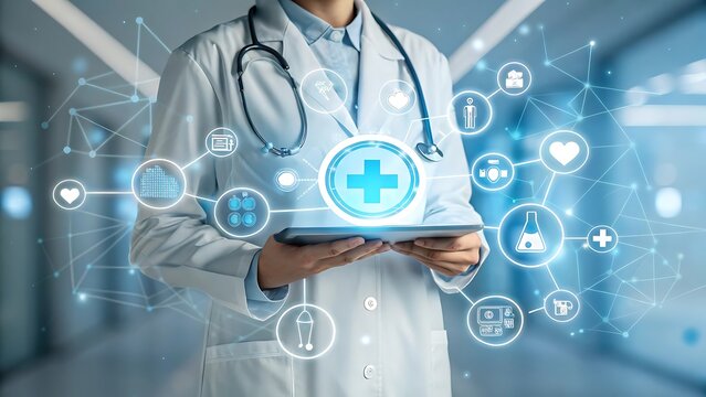 Male medicine doctor hold healthcare medical icons for the Health insurance concept in hospital background, Doctor Holding Digital Medical Icons – Healthcare Technology and Innovation Concept.