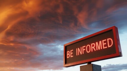 A digital billboard displays "BE INFORMED" against a dramatic, cloudy sunset sky.