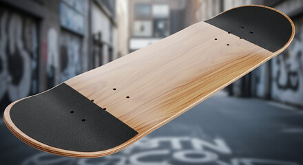 Minimalist Wooden Skateboard Deck with Black Grip Tape in Urban Street