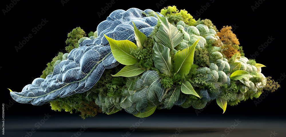 Fototapete artistic rendering of a cloud formation with greenery and wireframe structure on a black background