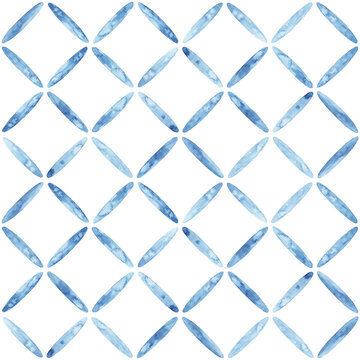Fototapeta Watercolor geometric diamond pattern. Seamless blue lattice grid. Hand-painted shapes on white. Soft minimal background.