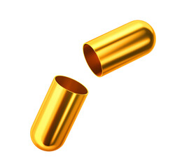 Opened golden capsule pill isolated on white background. Clipping path included