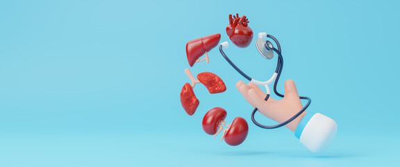 National Donor day, Transplant, surgery and doctors with organ in hospital for medical service, procedure and operation, charity donation or medical nonprofit concept. Healthcare. 3d rendering