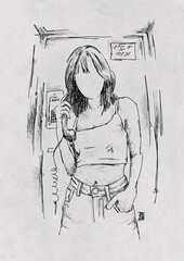 Girl with Phone Sketch Art