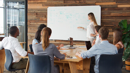 Young Businesswoman In Front Of Whiteboard Making Presentation To Colleagues Around Table In Office