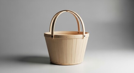 A light wooden basket with a handle rests on a light neutral background area