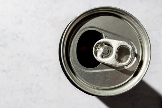 Top view of aluminum soda can on marble texture