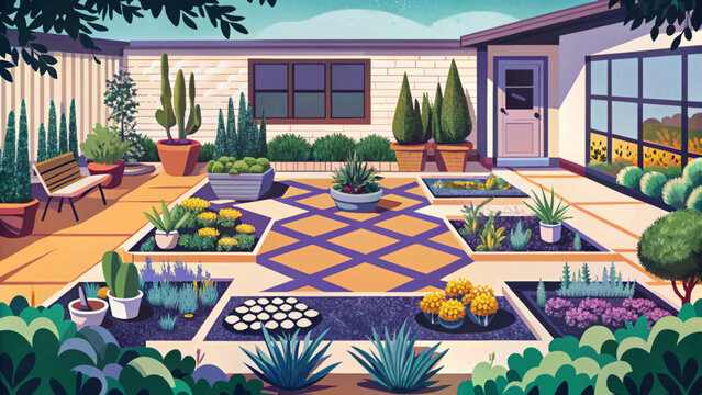 modern backyard garden with geometric layout, clean lines, and minimal greenery perfect for landscape design, architecture, and outdoor lifestyle visuals