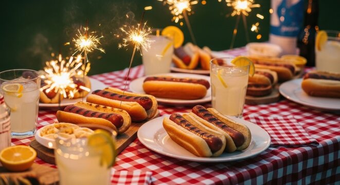 Festive summer celebration with hot dogs and sparklers for national hot dog month gatherings
