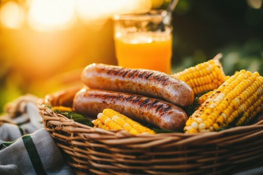 Grilled sausages and corn on the cob served in a basket with a glass of orange juice outdoors