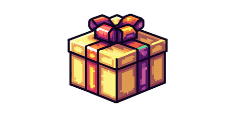 Gift Box In Pixel Art Style. Retro Gaming Aesthetic For Celebrations And Events Isolated On Transparent Background