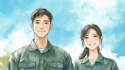 笑顔の男女イラスト・作業着姿の爽やかなイメージ_3