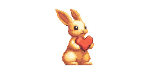Pixel Art Bunny Holding Heart Symbolizing Love And Affection Isolated On Transparent Background