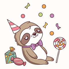 Cute SVG of a Sleepy Baby Sloth in Candy Shop colors, featuring wearing a bowtie in a Birthday setting