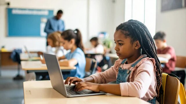 A young girl concentrates intently as she interacts with a laptop during a lesson at school, while her classmates and teacher in the background are focused, too.