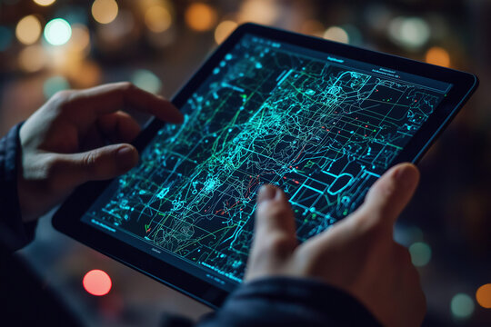 GIS specialist using a tablet with a digital interface overlay showing geospatial data, satellite imagery, technology graphs location analysis, mapping trends, spatial patterns, geographic mapping