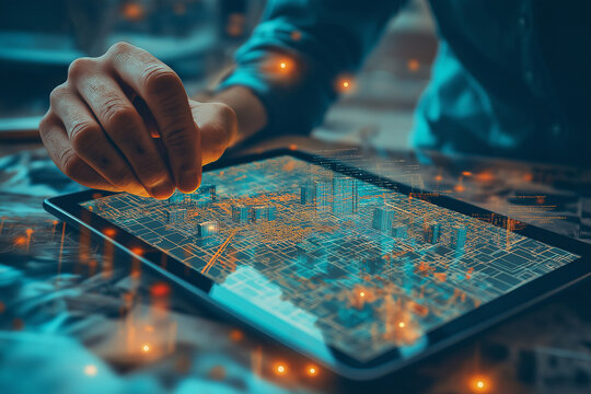 GIS specialist using a tablet with a digital interface overlay showing geospatial data, satellite imagery, technology graphs location analysis, mapping trends, spatial patterns, geographic mapping	 - Powered by Adobe