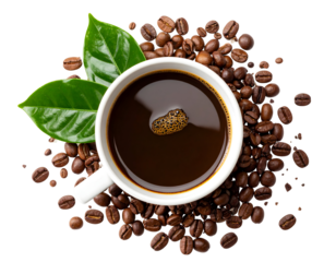 Overhead view of a hot coffee cup nestled among fragrant beans and vibrant green leaves.