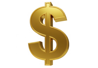 Golden dollar sign isolated on transparent background representing wealth and finance