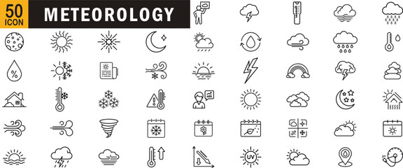 Meteorology editable outline icon set. Weather, temperature, cloud, forecast, climate and more.
