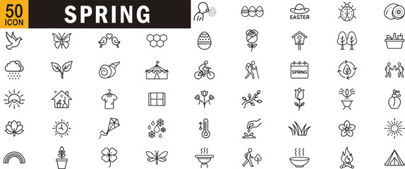 Spring editable outline icon set. Flowers, nature, easter, weather, gardening and more.

