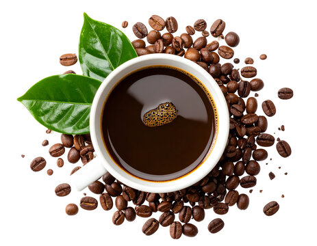 Overhead view of a hot coffee cup nestled among fragrant beans and vibrant green leaves.