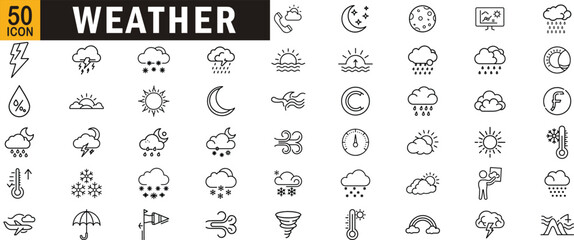 Weather editable outline icon set. Storm, rain, sun, forecast, cloud, wind, snow, and climate symbols.
