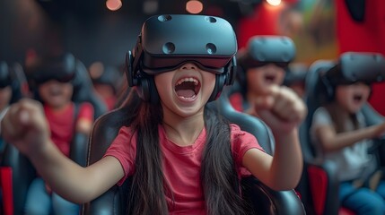 Asian children experiencing a virtual reality rollercoaster ride