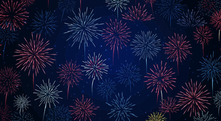 Fototapeta premium Celebration background with colorful fireworks on dark navy blue sky scene