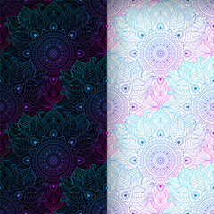 Ethnic seamless patterns in dark and light palette with floral and abstract designs, psychedelic background, pink blue gradient. Oriental, indian, asian motifs.