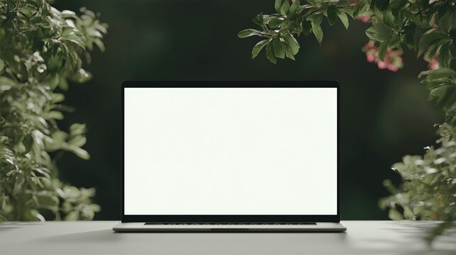 Laptop with a blank screen surrounded by greenery, showcasing nature-inspired technology and workspace setting.