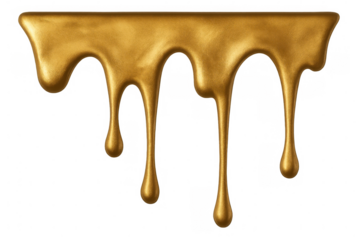Shiny metallic gold paint is dripping down, creating a luxurious and elegant effect on transparent background