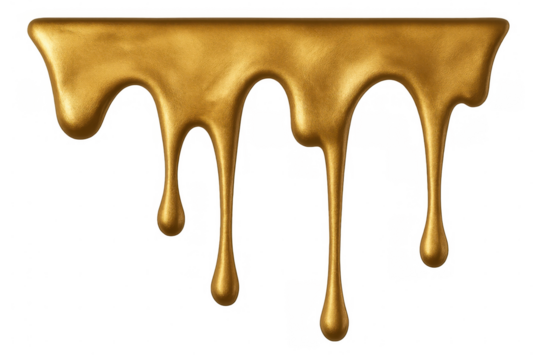 Shiny metallic gold paint is dripping down, creating a luxurious and elegant effect on transparent background