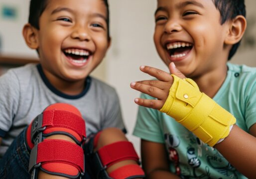 Smiling children with braces and splints for juvenile arthritis awareness month campaign