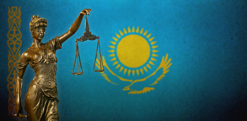 Lady Justice before a flag of Kazakhstan